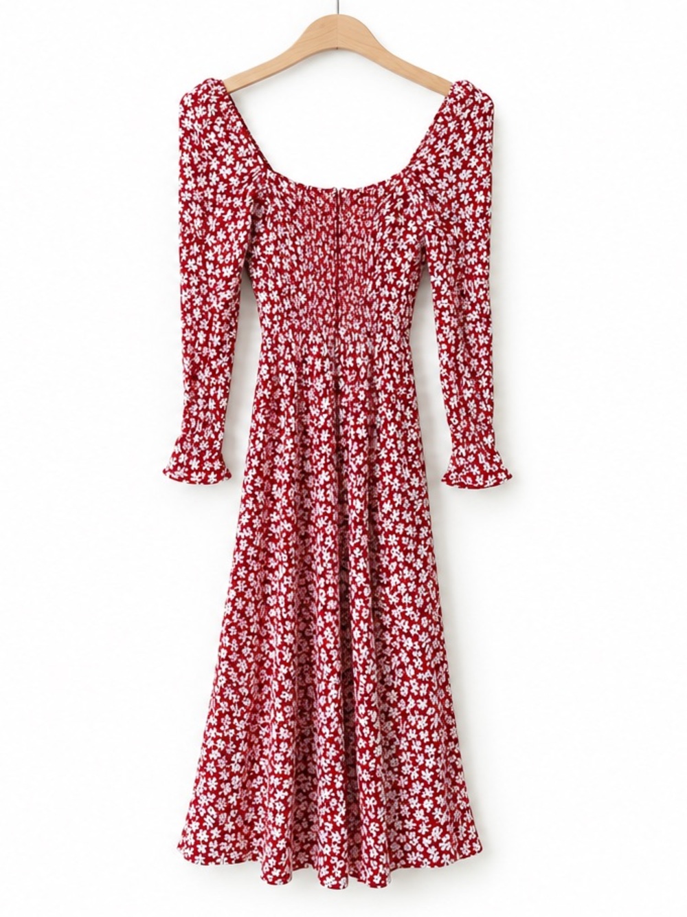 Reformation Red Ivory Floral Square Neck 3/4 Sleeve Midi Dress Size 0 Boho Style - Picture 8 of 11